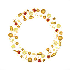 Flat lay golden christmas ornaments arranged as a circle on a white background. Copy space in the middle.