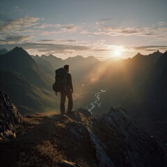 Fototapeta premium A lone hiker stands on a mountain peak at sunrise, overlooking a valley with a winding river and distant, sunlit mountain ranges. The scene is peaceful and vast