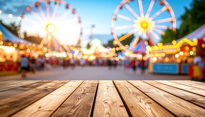 Blurred fairground scene with wooden tabletop