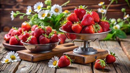 Fresh ripe strawberries in bowls with flowers on rustic wooden table