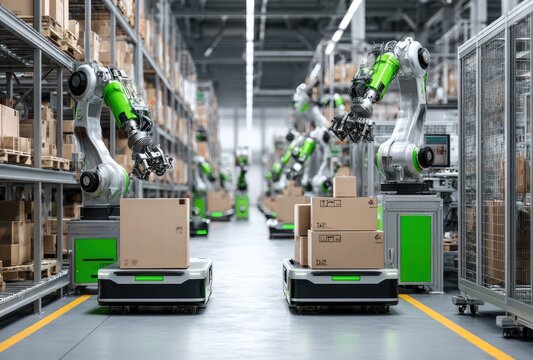 Automated warehouse with robotic arms and AGVs (1)