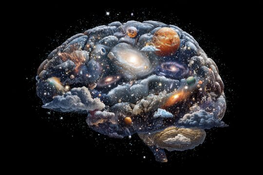 Exploration of thoughts through the cosmic brain filled with galaxies, stars, and planets depicting the wonders of space phenomena and technology