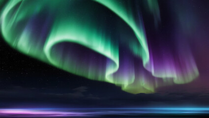 Night sky background with northern lights aurora, green and purple waves across stars, magical and futuristic atmosphere.