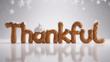 Thankful 3d render sculpted text with soft lights and subtle sparkles