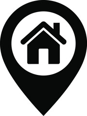 Home location pin icon with house symbol for maps, navigation apps, real estate platforms, and residential UI design