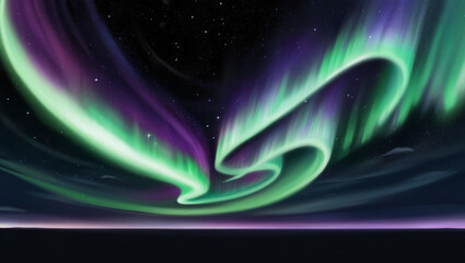 Night sky background with northern lights aurora, green and purple waves across stars, magical and futuristic atmosphere.