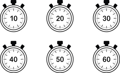 Set of six stopwatch icons showing 10 to 60 second intervals for timing, fitness, productivity, and user interface design