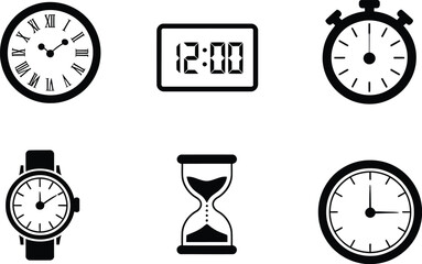 Set of six timekeeping icons including analog clocks, digital timer, wristwatch, hourglass, and stopwatch for UI and apps