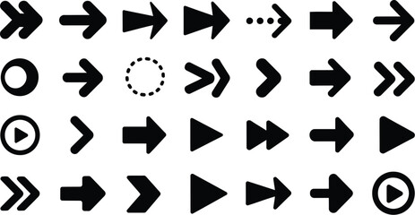 Arrow icon set with 30 styles including solid, outlined, circular, and dotted vectors for direction, UI, and navigation