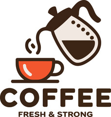 Coffee pot pouring into red cup vector with bold text symbolizing fresh brew, energy boost, and morning routine