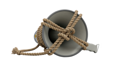 A megaphone tied with a thick rope symbolizing censorship and the suppression of free speech detailed illustration featuring