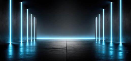 Dark, futuristic space lit by vibrant blue neon