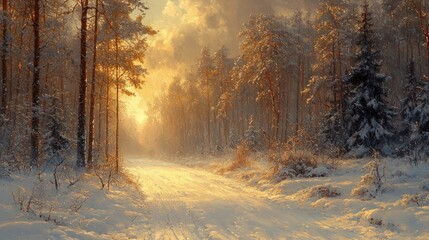 Sunlit snowy path through winter forest. (1)