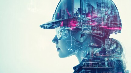 A woman in a hard hat,  profile view,  double exposure of a city and technology