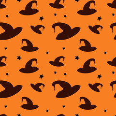 Seamless pattern for Halloween. Pattern with Halloween hats on a dark background, hats for witches. Happy Halloween, trick or treat wallpaper, wrapping paper
