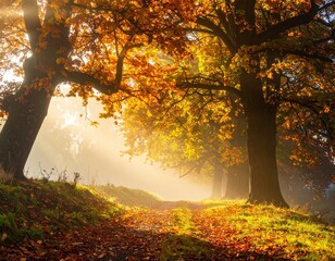 autumn landscape with some fog in the golden morning light