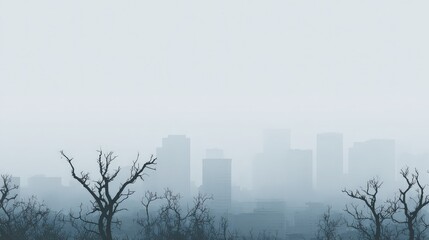 Foggy Cityscape with Silhouetted Trees Against a Mysterious Urban Background in Soft Hues of Grey and Blue