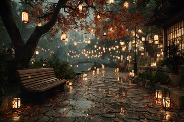 Lantern‑lit garden walkway with bench and wet stones under warm evening light, cozy hospitality and travel scene suited for relaxation and romantic promotions