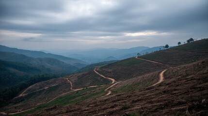 Serene Landscape with Rolling Hills and Dirt Path Under Cloudy Sky at Dusk in a Natural Setting