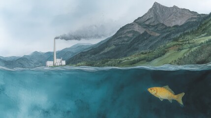 Tranquil Underwater Scene Featuring Fish with Industrial Pollution in Background of Mountain Landscape, Highlighting Environmental Contrast