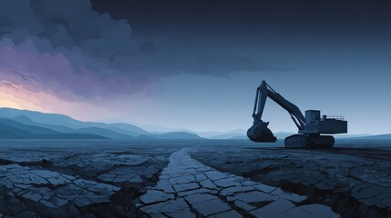 Dramatic Landscape with Excavator under Twilight Sky Showcasing Environmental Impact and Industrial Activity in a Desolate Terrain