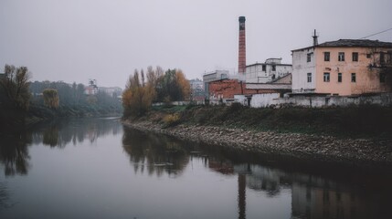 Tranquil River Scene with Industrial Building Reflection on Water in Overcast Weather with Autumn Foliage and Calm Atmosphere
