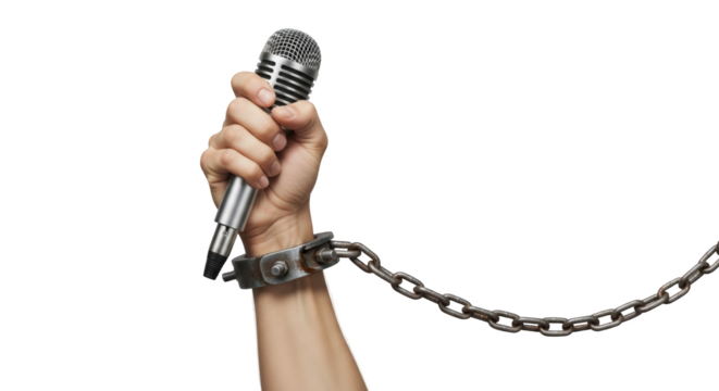 Censored Voice Hand Holding Microphone with Chain detailed illustration featuring communication, prisoner, concept, news, limit, idea design