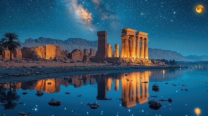 Fototapeta premium Night view of ancient temple ruins reflected in calm water under a starry sky with Milky Way and moon.