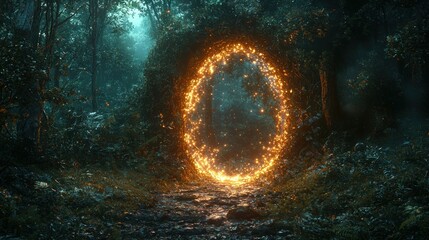 Mystical fire ring portal in a dark forest.