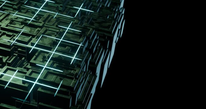 Anima&ccedil;&atilde;o 4K em loop de uma cidade/circuito eletr&ocirc;nico formada por blocos geom&eacute;tricos, atravessada por linhas luminosas ciano. Visual tecnol&oacute;gico minimalista com espa&ccedil;o para texto &agrave; direita