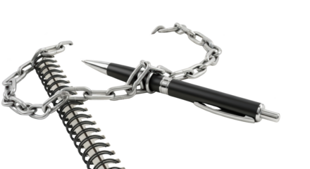 Chained Pen and Notebook Symbolizing Restricted Creativity detailed illustration featuring metal, information, bondage, blocked, silence, knowledge design