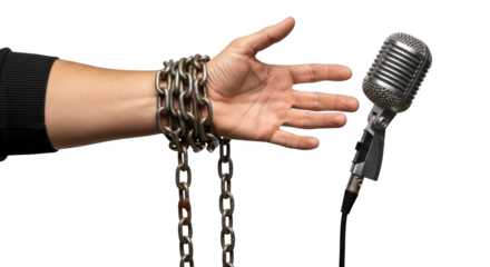 Chained Hand Reaching for Microphone detailed illustration featuring resistance, chain, news, white, truth, hand design