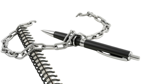 Chained Pen and Notebook Symbolizing Restricted Creativity detailed illustration featuring metal, information, bondage, blocked, silence, knowledge design