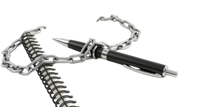 Chained Pen and Notebook Symbolizing Restricted Creativity detailed illustration featuring metal, information, bondage, blocked, silence, knowledge design