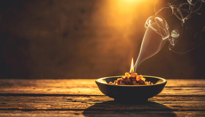 A close-up shot of a small bowl frankincense of amber-colored with a flame and rising smoke.