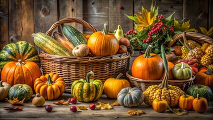 Harvest bounty of pumpkins and gourds in baskets