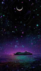 A cruise ship sails a dark sea under a vibrant, crescent moon and a sky filled with colorful nebulae and glittering stars.  The water reflects the celestial display