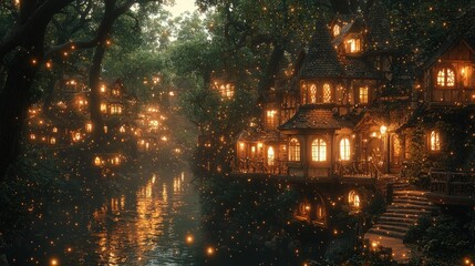 Enchanting village of illuminated tree houses along a river at night.