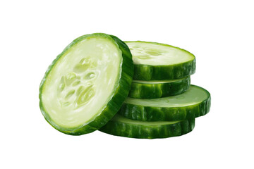 Fresh green cucumber slices stacked on black background, cut out