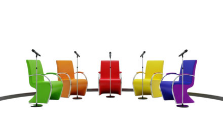 Colorful Chairs with Microphones Ready detailed illustration featuring style, purple, audience, modern, isolated, listen design concept for