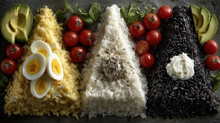 Three triangular rice dishes, topped with avocado, egg, and herbs