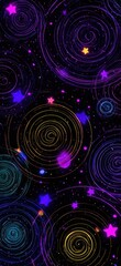 A dark, abstract design featuring swirling circles in teal, purple, and gold, interspersed with glowing stars of varying colors against a black backdrop