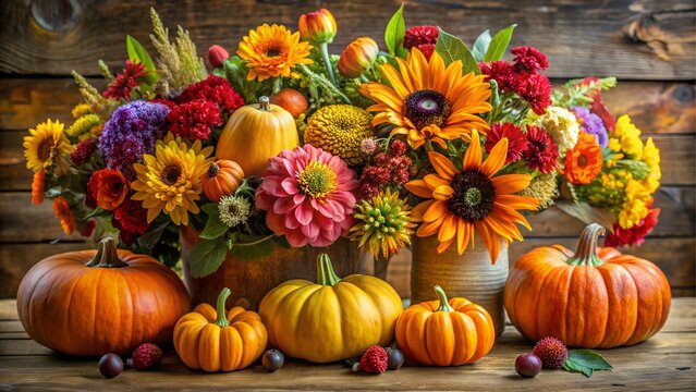 Autumn flower arrangement with pumpkins and gourds