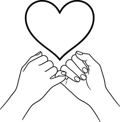 Two hands making a pinky promise beneath a large heart symbol, symbolizing love and trust.