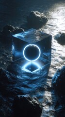 A dark, reflective cube with a glowing circular halo sits in shallow, rippling water amongst dark rocks, lit by an unseen light source, creating a mysterious and serene digital art scene