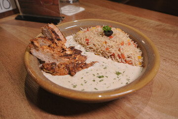 Grilled Chicken with Vegetable Rice and Creamy Sauce