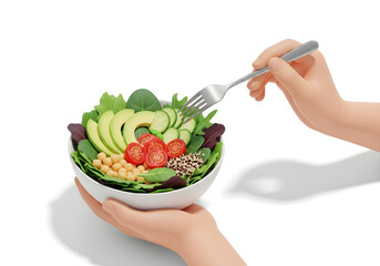 Hands holding a vibrant, fresh salad bowl with avocado, tomatoes, chickpeas, and quinoa, being eaten with a fork on a white background.