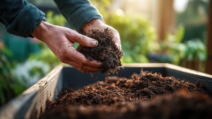 Hands harvest rich finished compost from worm composting bin for organic garden fertilizer, perfect for sustainable waste recycling and vermicomposting maintenance concept.