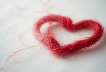 A soft, blurred poppy red wool ribbon forming a heart, softly contrasting the crisp white space.
