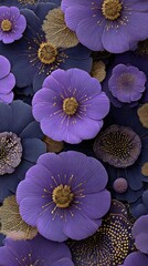 A dense arrangement of stylized purple flowers with gold centers and accents, exhibiting a slightly textured, almost metallic, finish.  The image has a digitally-created aesthetic